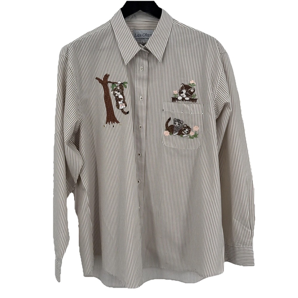 Las Olas Cat Button Down Up Shirt Tan Collared Kitty Patch‎ Womens X-Large